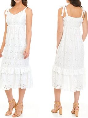 Taylor White Cotton Eyelet Tiered Midi Sun Dress Tie Shoulder Cottagecore XS